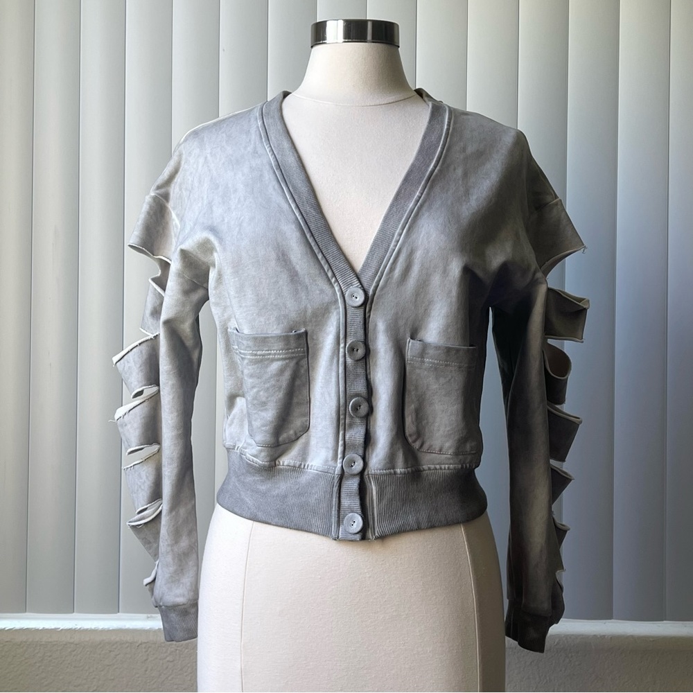Women's V Neck Button Down Split Long Sleeve French Terry Jacket Cardigan Size: